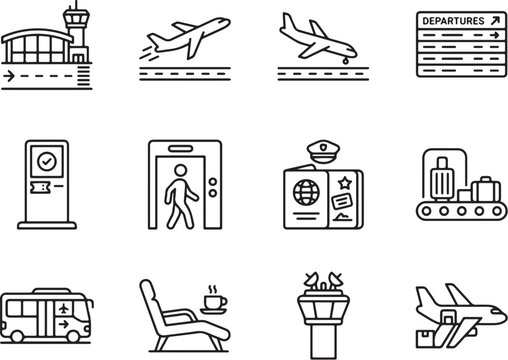 Modern Minimalist Flat Icons Set Featuring Airport Terminal Processes and Air Travel Elements in Clean Black Line Art