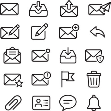 Modern Minimalist Flat Icons Set Featuring Email Communication, Actions, Notifications, and Office Tools in Clean Line Art