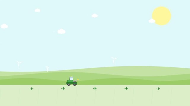 Minimalist 2D Flat Animation of a Green Tractor Driving Across a Sunny Countryside Field
