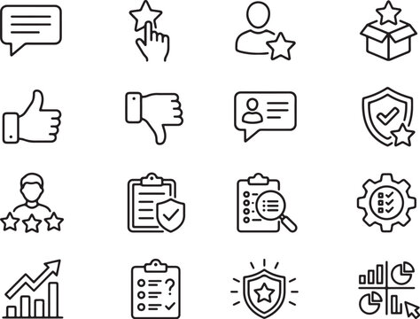 Modern Minimalist Flat Icons Set Featuring Reviews, Ratings, Feedback, and Business Analytics Symbols in Clean Line Art