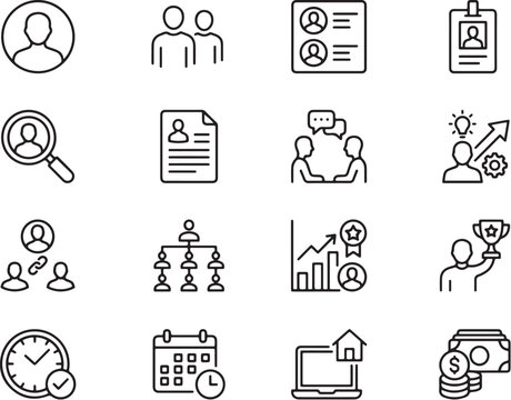 Modern Minimalist HR and Workplace Management Icons Set Featuring Employee Profiles, Teamwork, Training, and Payroll