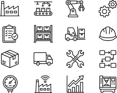 Modern Minimalist Industrial Logistics and Manufacturing Icons Set Featuring Factory Automation Tools and Business Growth