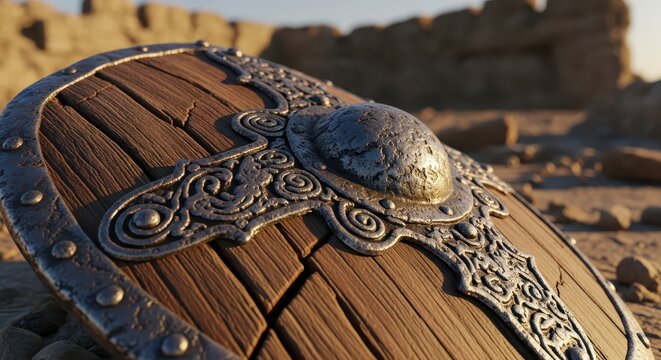 Close-up of an ancient, weathered wooden shield with ornate metalwork, resting on sandy desert ground with ruins in the background.