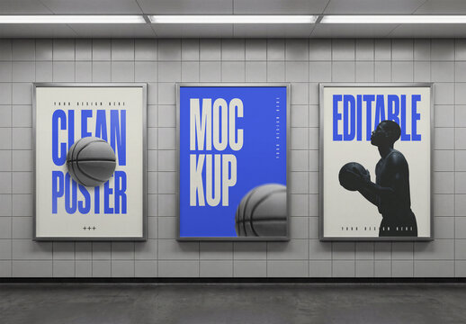 Subway Poster Mockup Set on Tiled Wall