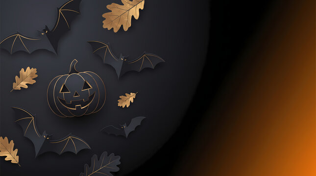 Minimalist flat vector illustration of flying bats and jack-o-lantern on dark charcoal background with gold accents, Halloween banner template with copy space