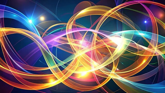 Abstract artwork of interwoven glowing ribbons in a vibrant array of colors against a dark backdrop