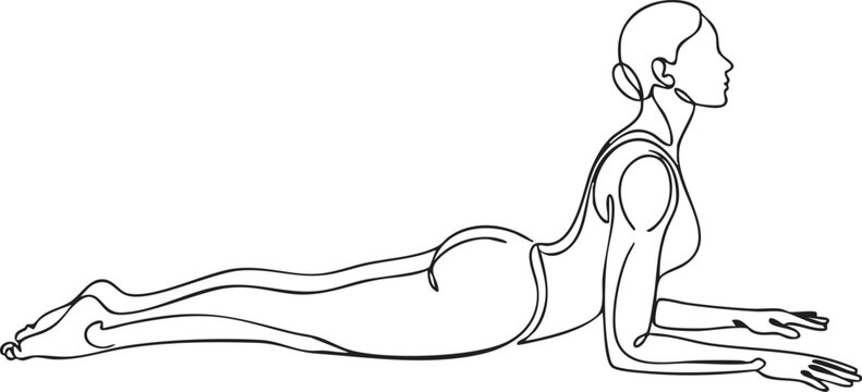 Woman performing sphinx yoga pose for back stretch and relaxation. Female yogi in prone backbend position for core strength and stress relief.