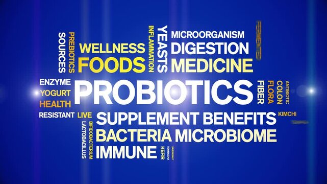 Probiotics animated word cloud-animation tag kinetic typography seamless loop.