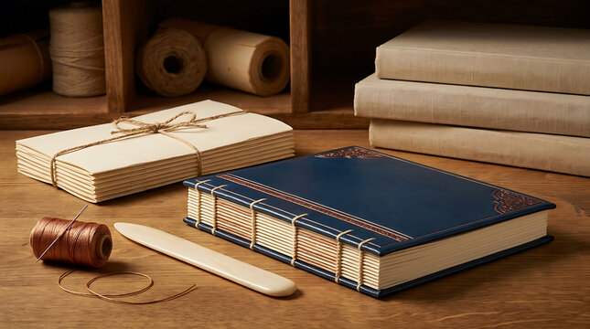 Handcrafted bookbinding tools with leather journal, thread, and paper on a wooden workbench