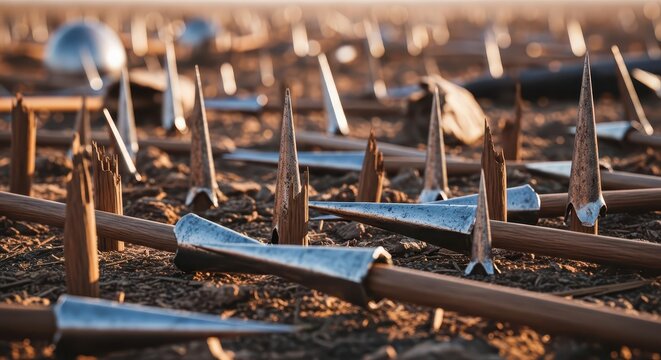 Close-up of ancient battleground sharpened stakes and weapon tips in dusty field at sunset, historical reenactment