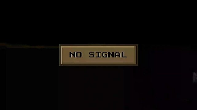 A vintage monitor screen shows a central brown message box, clearly indicating a complete absence of incoming signal, representing a moment of digital disconnect