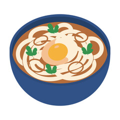 Fototapeta premium Vibrant udon noodles with a soft-boiled egg, green herbs, and red onions in a clean flat graphic style isolated on white, appetizing Asian food concept