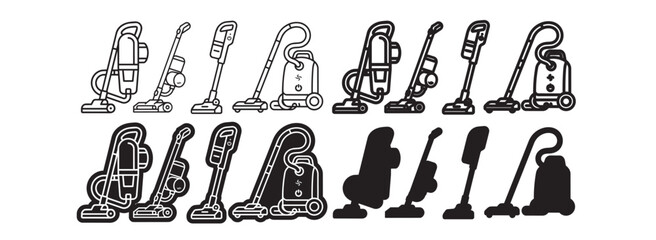 Vacuum cleaner icon set featuring upright cordless and canister models in line bold and silhouette styles for cleaning. © SaHeD