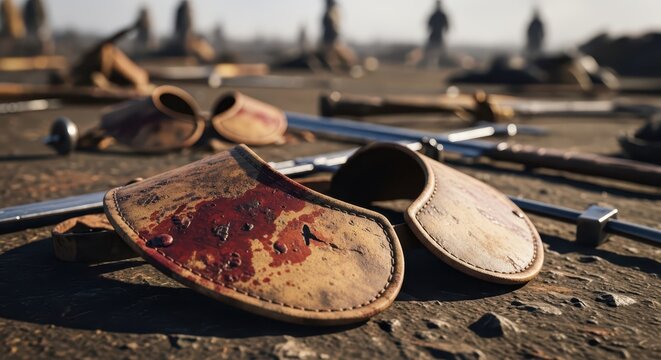 Close-up of ancient bloody leather sandals scattered on rough ground with swords and weapons in background