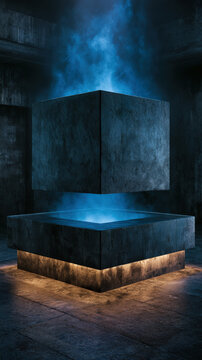 Floating Black Cube with Blue Energy Glow and Smoke