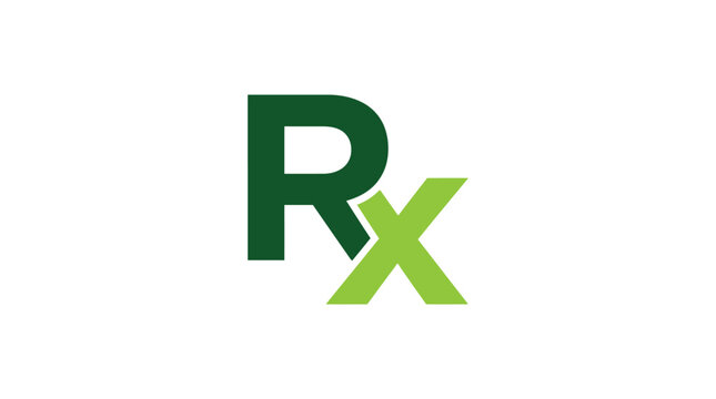 A bold dark forest green and neon lime letter rx symbol featuring a clean sans serif typeface for medical design