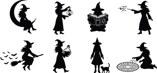 Halloween witch black silhouette vector icon set featuring flying broom spellbook potion and magic circle © RitaRani