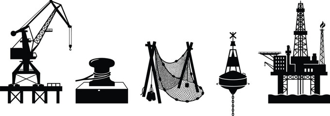 Maritime and harbor industry vector icon set featuring port crane mooring bollard fishing net buoy and oil rig © RitaRani