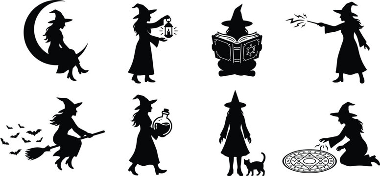Halloween witch black silhouette vector icon set featuring flying broom spellbook potion and magic circle
