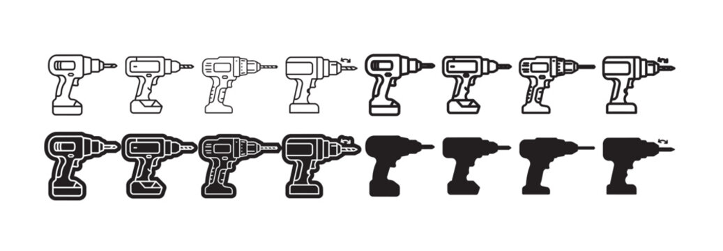Drill icons set power drill driver and impact drill outline and filled versions for construction.