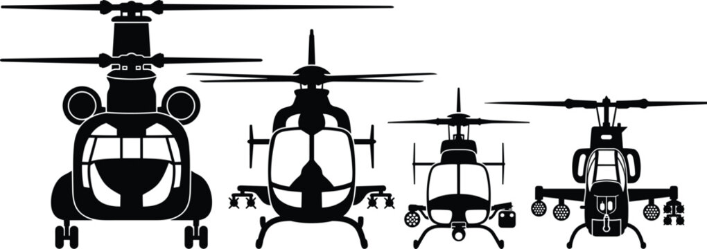 Military and tactical attack helicopter front view black silhouette icon set isolated on white background
