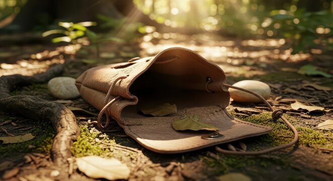 Close-up of an empty leather pouch lying on a mossy forest floor with sunlight filtering through the trees.