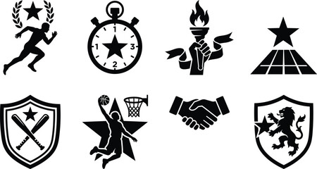 Fototapeta premium Set of professional sports and athletic achievement vector icons with silhouette emblems for tournament branding