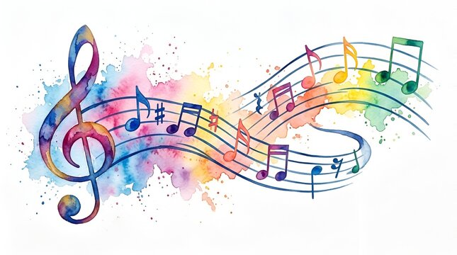 Watercolor Splatter With Flowing Musical Notes On White Background