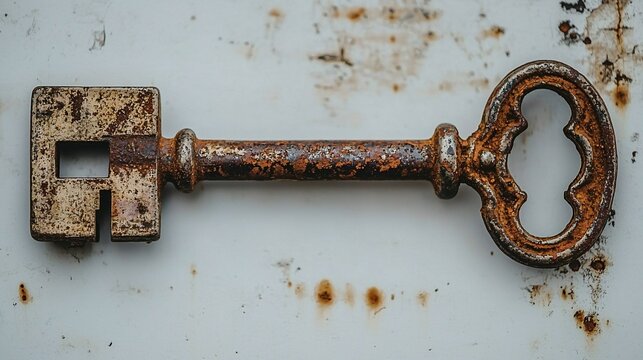 Rusty antique key on weathered surface; mystery, secrets
