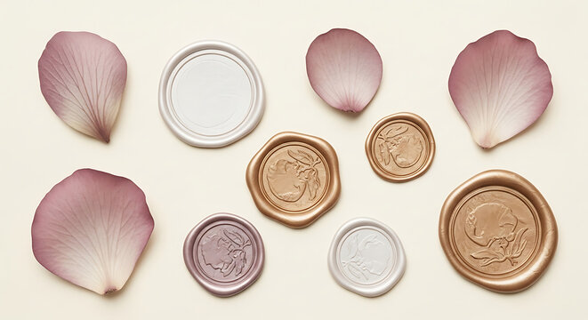 Assorted wax seals in gold and silver with delicate pink rose petals on a light beige