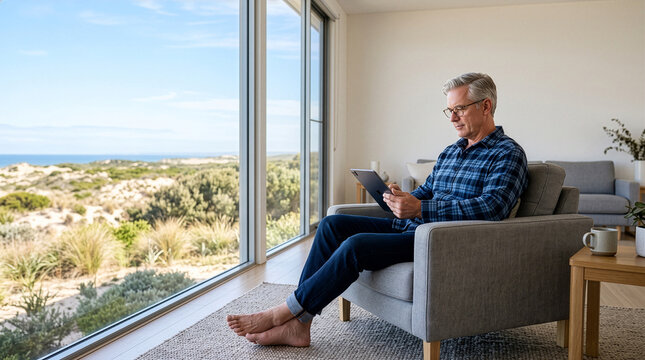 Senior man relaxing with tablet by window in coastal beach house