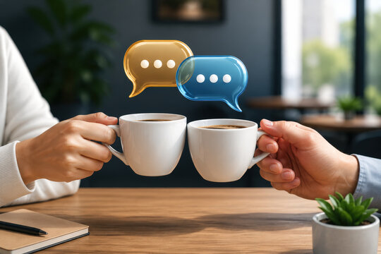 People Sharing Coffee with Glowing Chat Bubbles for Communication, Networking and Customer Engagement Campaigns