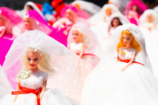 Istanbul, Turkey: May 18, 2026: Close up view of traditional bride dolls (gelin bebek) dressed in white wedding gowns for sale at a souvenir shop