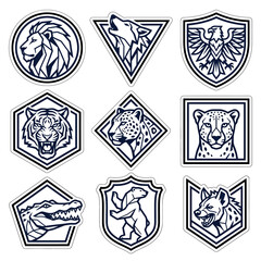 Obraz premium A collection of nine monochrome animal emblems featuring a lion, wolf, eagle, tiger, leopard, cheetah, crocodile, bear, and hyena arranged in geometric frames.
