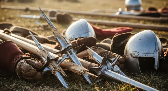 Collection of medieval weaponry including halberds and helmets laid out on the ground, ready for battle or reenactment