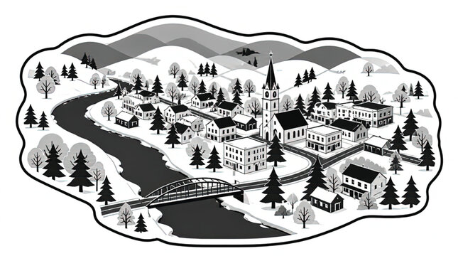 Stylized Aerial View of Hillsborough, Oregon, with Trees and Landscape in a Minimalist Vector Style
