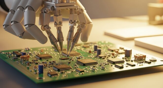 Close-up of a robotic arm precisely assembling a complex electronic circuit board with microchips and components, highlighting automation in technolog