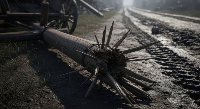 Close-up of a primitive wooden spiked trap lying on a muddy road next to a cart wheel