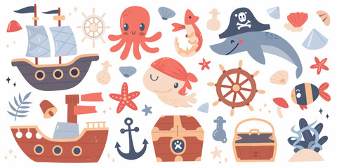 Nautical Illustration Collection Featuring Ships Sea Creatures And Pirate Accessories © Raju