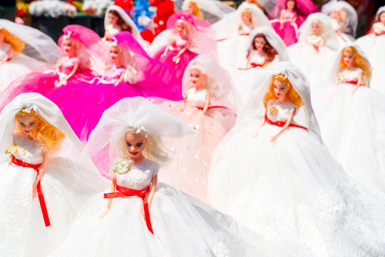Istanbul, Turkey: May 18, 2026: Traditional bride dolls (gelin bebek) dressed in white wedding gowns for sale at a souvenir shop