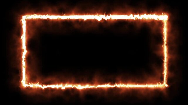 Rectangle frame made of bright orange flames burns against a deep black background providing a dynamic border for creative projects.