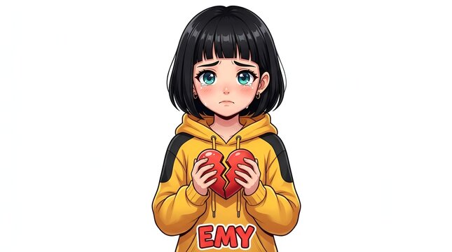 Sad Anime Girl Holding Broken Red Heart On White Background