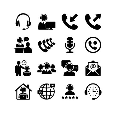 Set of 16 black call centre icons covering agents, headsets, customer support, call management and communication, isolated on white for business and infographic design.