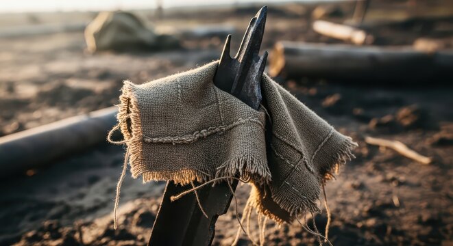 Close-up of a rough burlap cloth tied around a sharp, metallic object in a desolate, sunlit outdoor setting