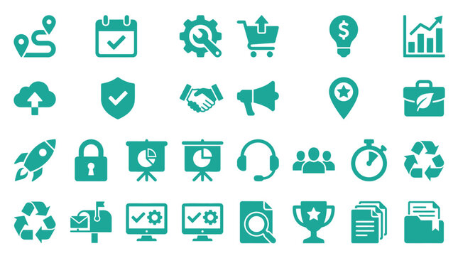 Teal flat business icon set featuring 24 symbols including map route, calendar, gear settings, shopping cart, lightbulb, growth chart, cloud upload, shield, handshake, and rocket on white background.