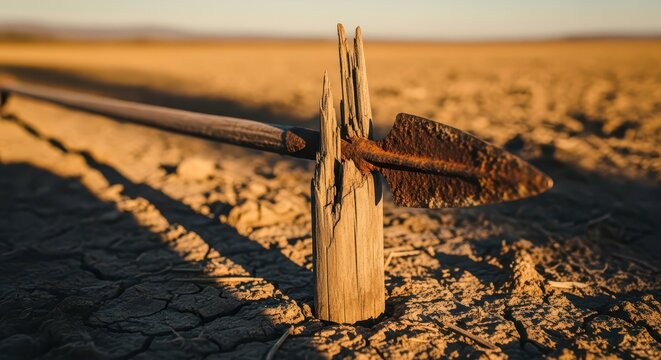 Close-up of a rusted shovel head attached to a weathered wooden post in a cracked, dry earth landscape at sunset