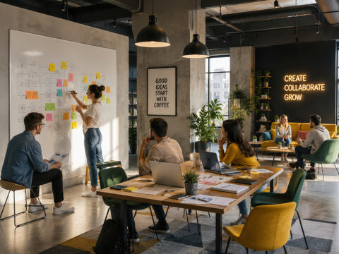Creative Agency Team Discussing Strategy with Kanban Board in Modern Open Space Office