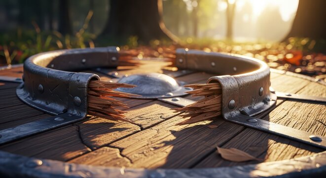 Close-up of a rustic wooden Viking shield with metal fittings, weathered and worn, lying on a forest floor at sunset