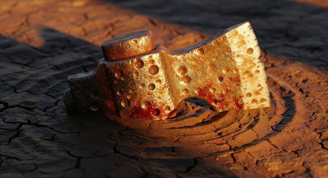 Close-up of a rusty, blood-stained axe head resting on cracked dry earth, symbolizing decay and danger