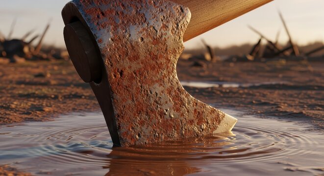 Close-up of a rusty axe head partially submerged in muddy water, with a blurred background of desolation and decay